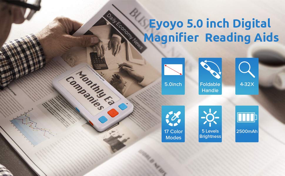 Eyoyo Portable Digital Magnifier Electronic Reading Aid 5.0 inch w/Foldable Handle for Low Vision Color Blindness 4X-32X Times Zoom 17 Color Modes 5 Levels for Brightness