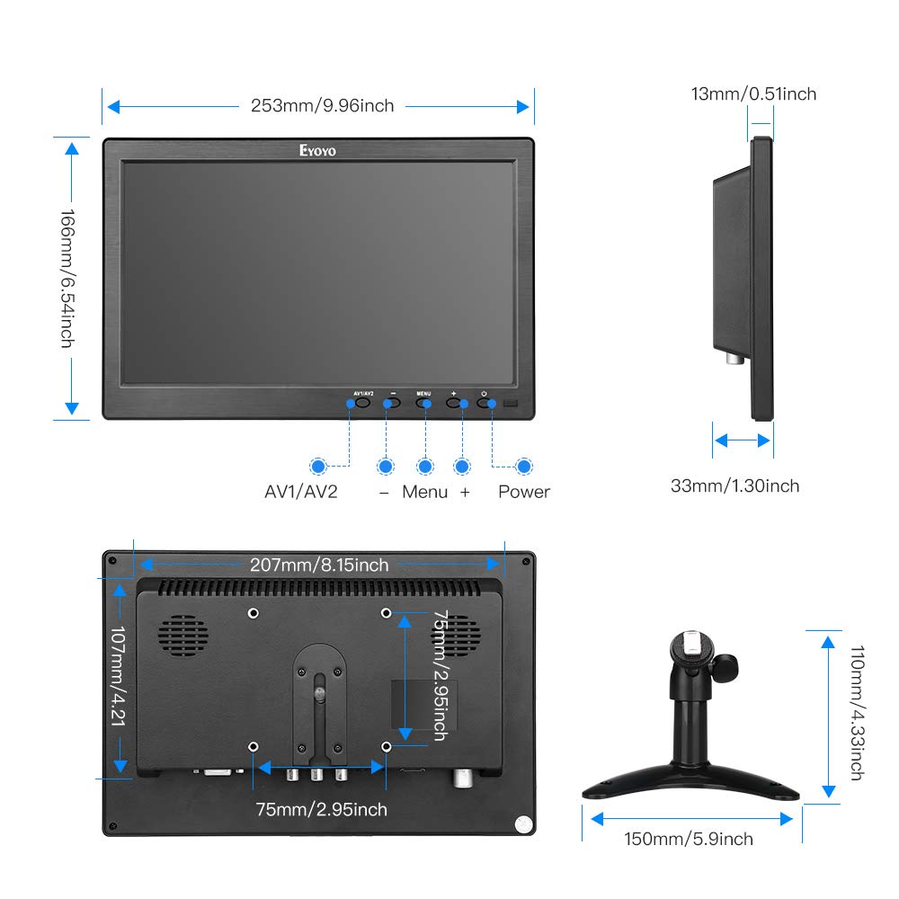 Eyoyo 10 inch Small TV Monitor HDMI Portable Kitchen TV, 1024x600 LCD Screen with TV/HDMI/VGA/AV-BNC/USB Input & Remote Control for Multi Application