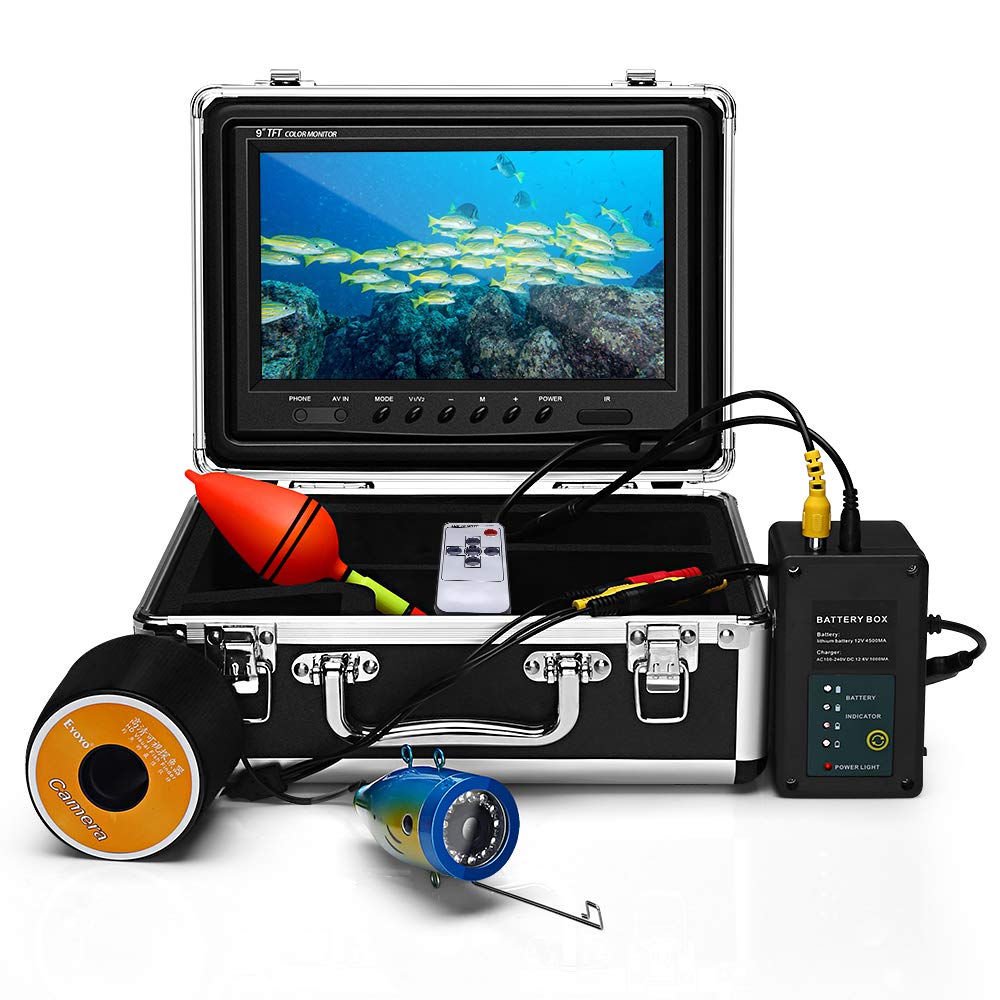 Eyoyo 9 Inch Underwater Fishing Camera Video Fish Finder 1000 TVL LCD  Monitor Waterproof Camera Adjustable Infrared & White Light for Ice Lake Sea  Boat Kayak Fishing 30m(98ft) Cable,Upgraded 720p Camera