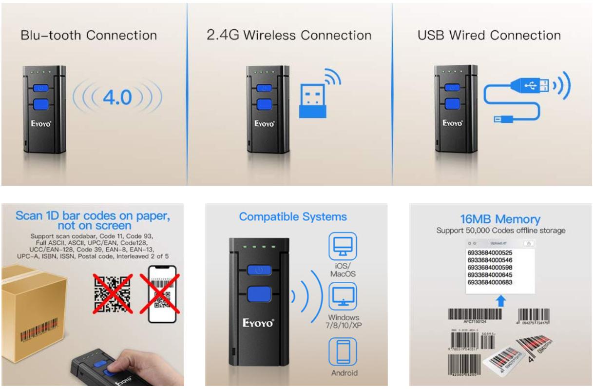 Eyoyo MJ2877 Bluetooth Barcode Scanner 1D Laser Portable USB Bluetooth 2.4G Wireless Barcode Reader Wireless Transfer Distance 
