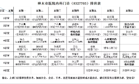 神木市医院门诊各诊室排班表（2019.03.11—2019.03.17）