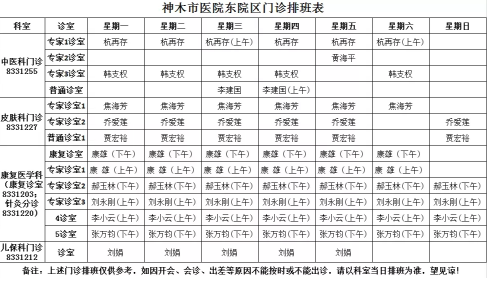 神木市医院门诊各诊室排班表（2019.03.11—2019.03.17）