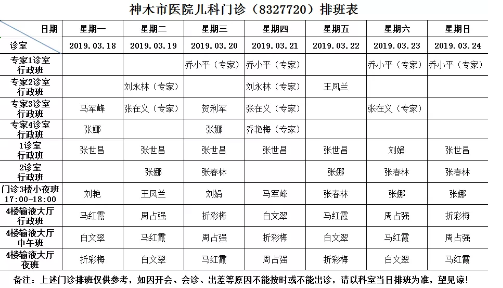 神木市医院门诊各诊室排班表（2019.03.18—2019.03.24）