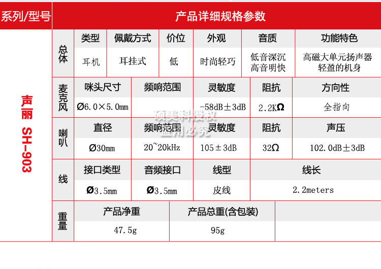 声丽 SH-903N单插头耳麦