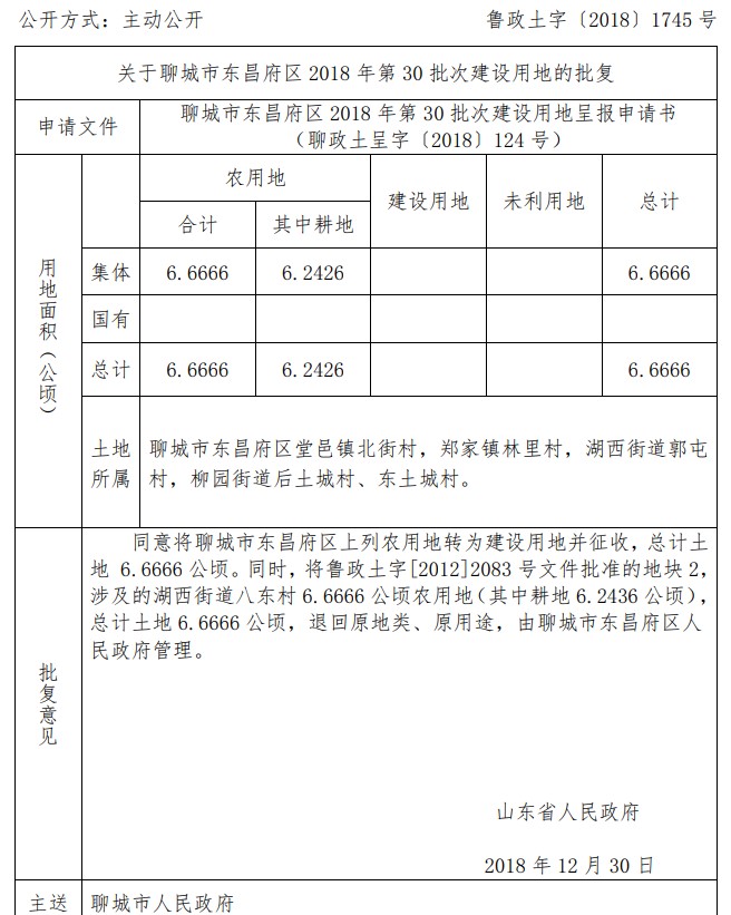 山东聊城市东昌府区2018年第30批次建设用地