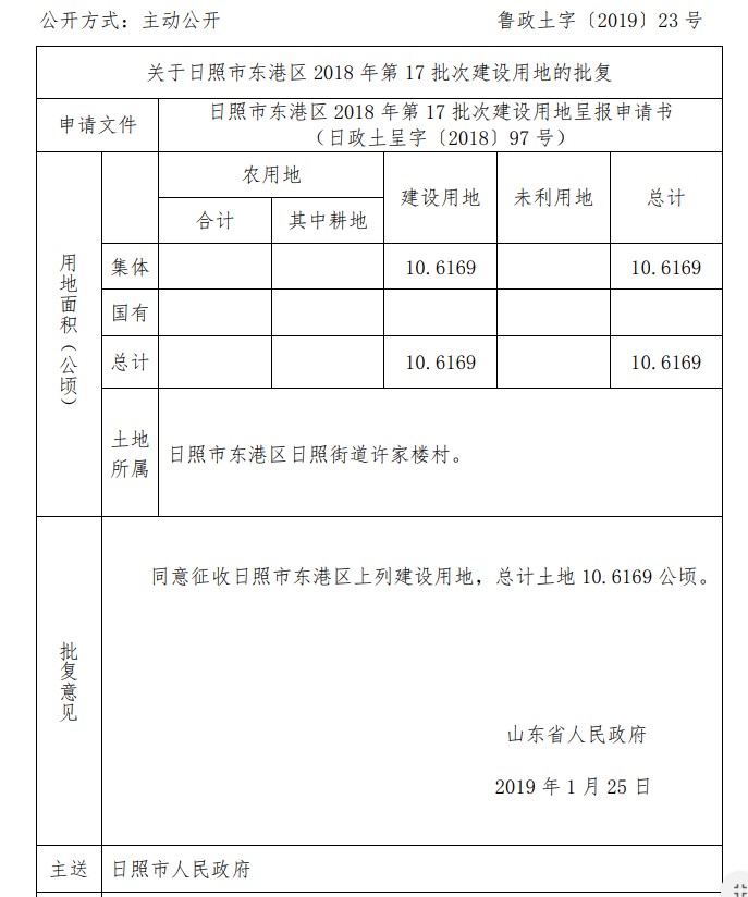 山东日照市东港区2018年第17批次建设用地