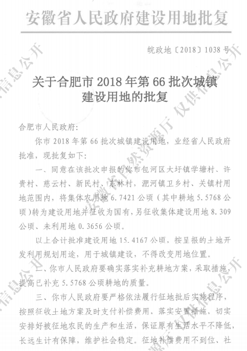 肥市2018年第66批次城镇建设用地批复