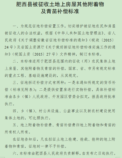 合肥市人民政府关于调整肥西县被征收土地上房屋其他附着物及青苗补偿标准的通知