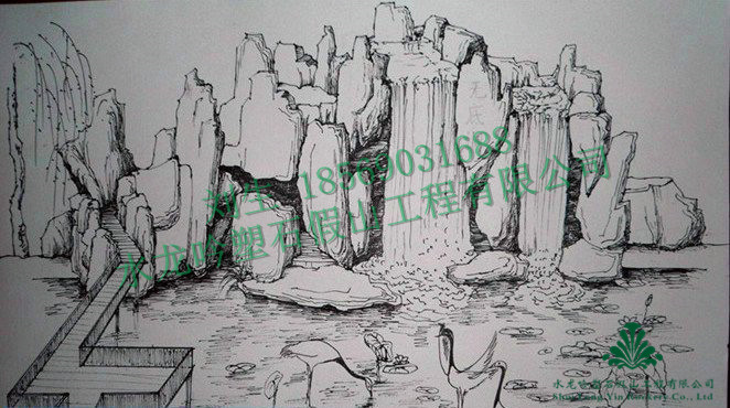 塑石假山手绘图，假山瀑布设计