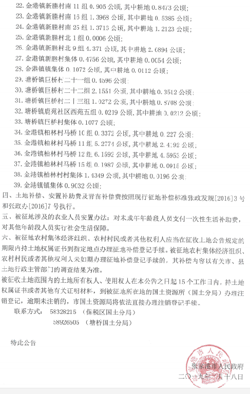 江苏：张家港市城乡建设用地增减挂钩建新区2019年第1批次征地公告