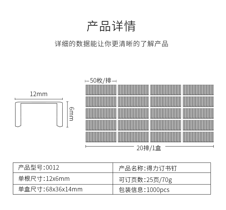 得力(Deli) 0012 12号统一订书钉 1000枚/盒 24/6 可订25页