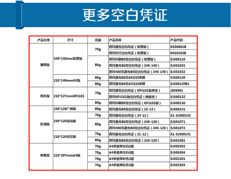西玛（SIMAA）SJ501033 80克纯木浆空白凭证 240*140mm 500份/包
