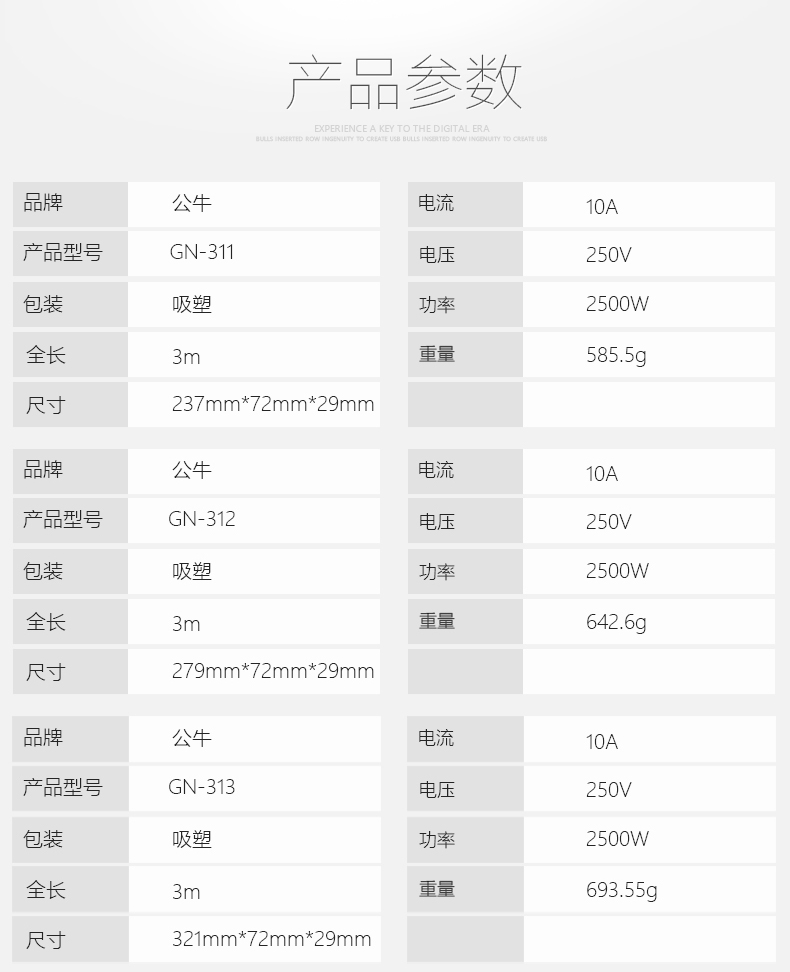 公牛GN-311  独立开关过载保护3米插排