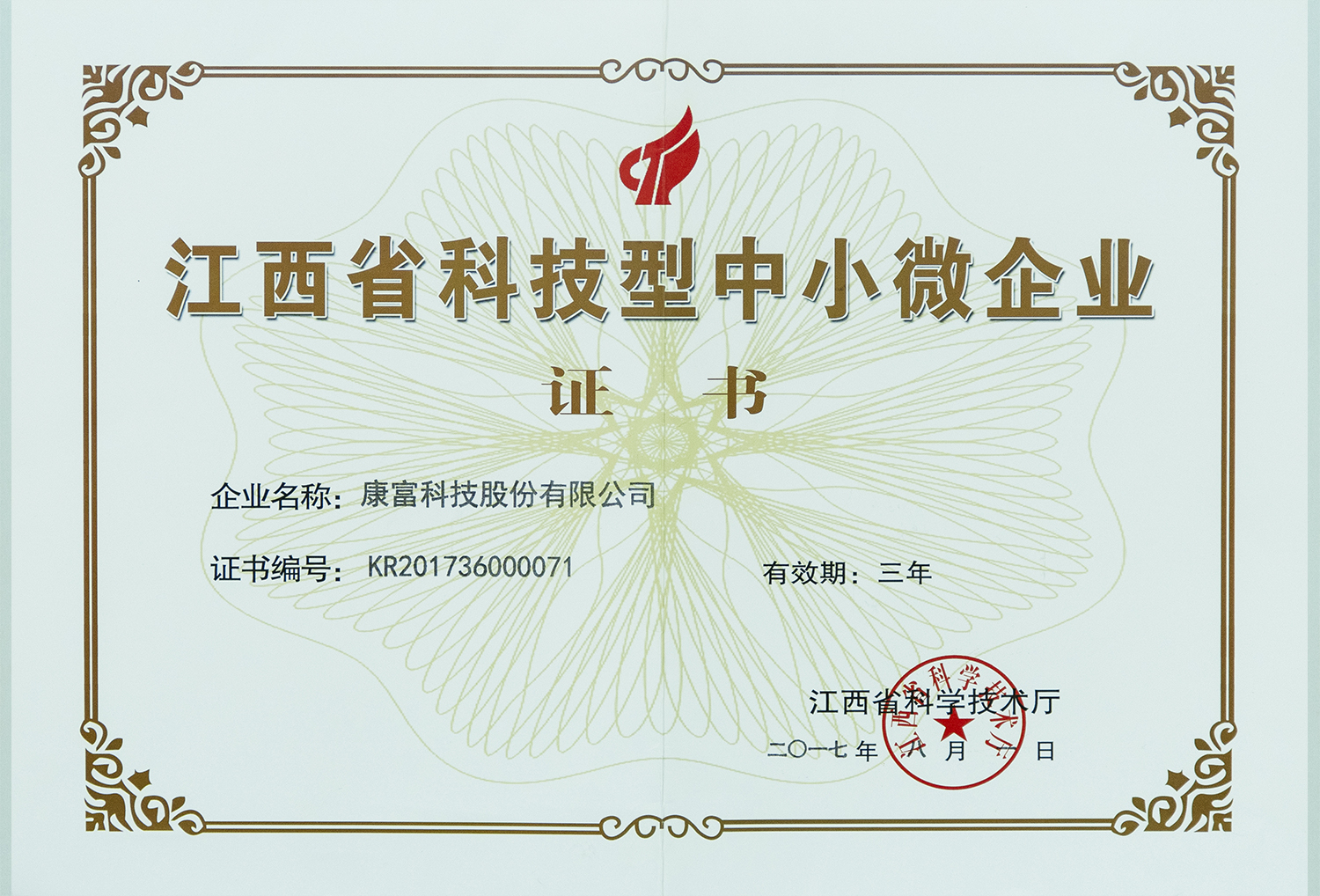 江西省科技型中小微企业证书