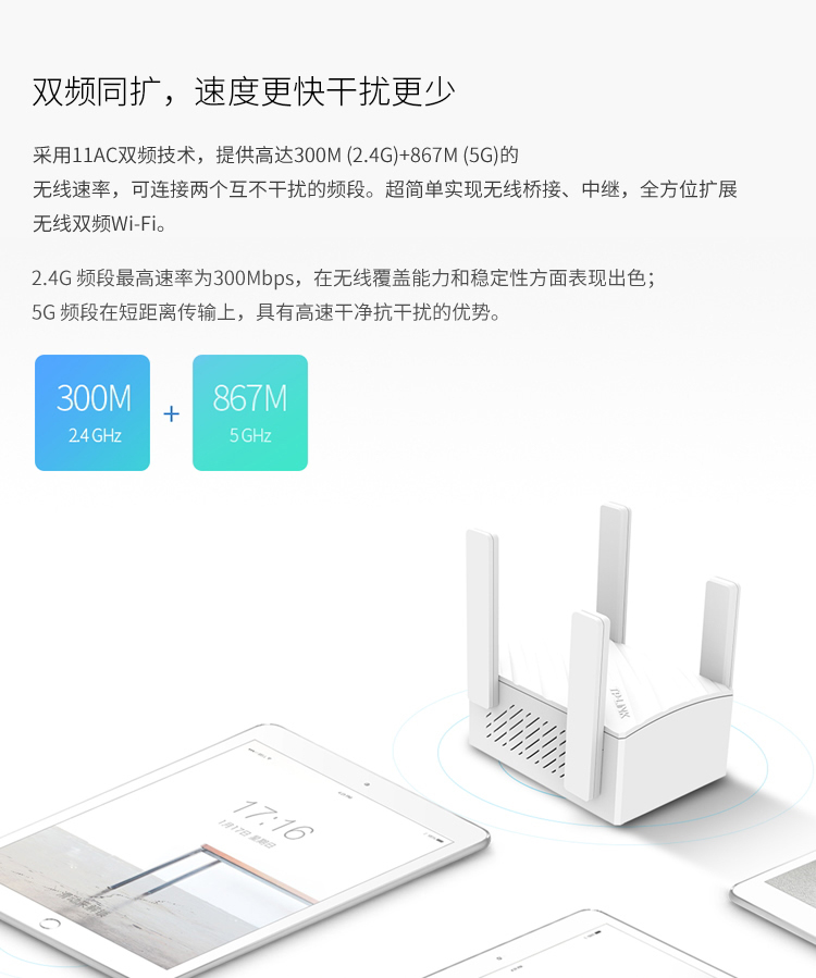 TP-LINK WDA6332RE  AC1200M双频无线扩展器外置4天线