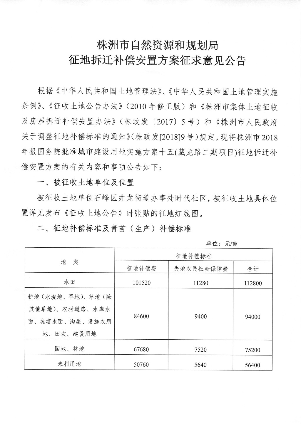 株洲市征地拆迁补偿安置方案征求意见公告--藏龙路二期