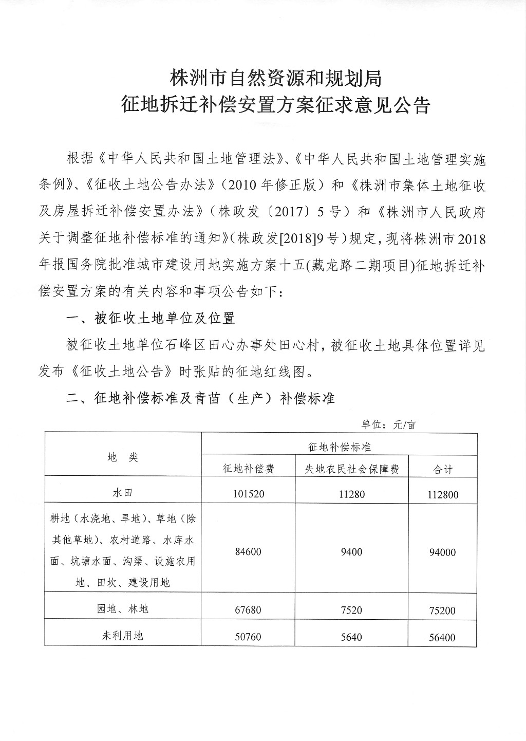 株洲市征地拆迁补偿安置方案征求意见公告--藏龙路二期