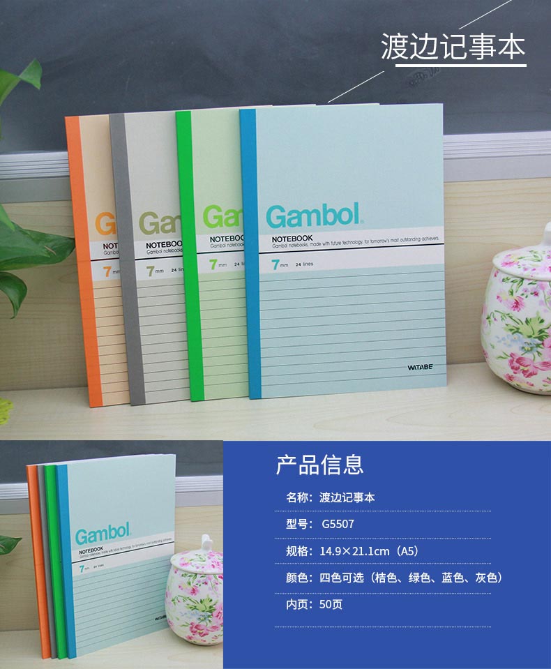 渡边（GAMBOL） G6407 无线装订胶装笔记本（B5/40页）单本