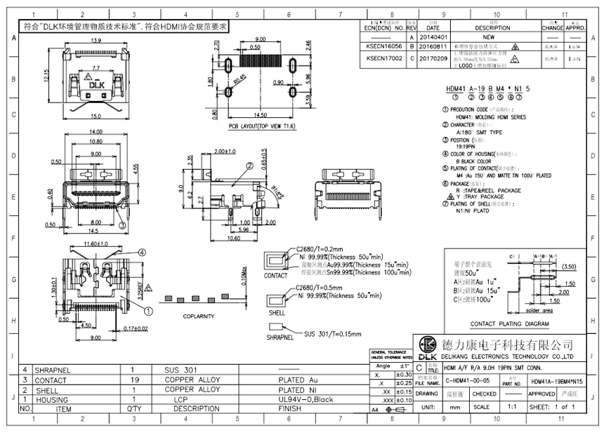 HDMI A/F R/A 9.0H 19PIN SMT CONN.