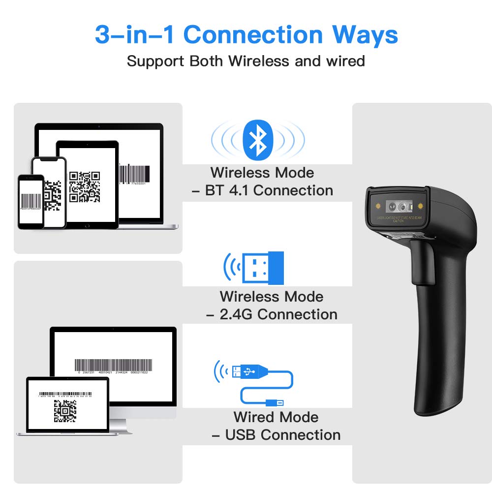 Eyoyo 1D 2D QR Bluetooth Handheld Barcode Scanner, 3-in-1 Bluetooth & 2.4G Dongle Wireless & Wired Connection, CCD PDF417 Data Matrix Bar Code Reader for iPad, iPhone, Android Phones, Tablets or Windows