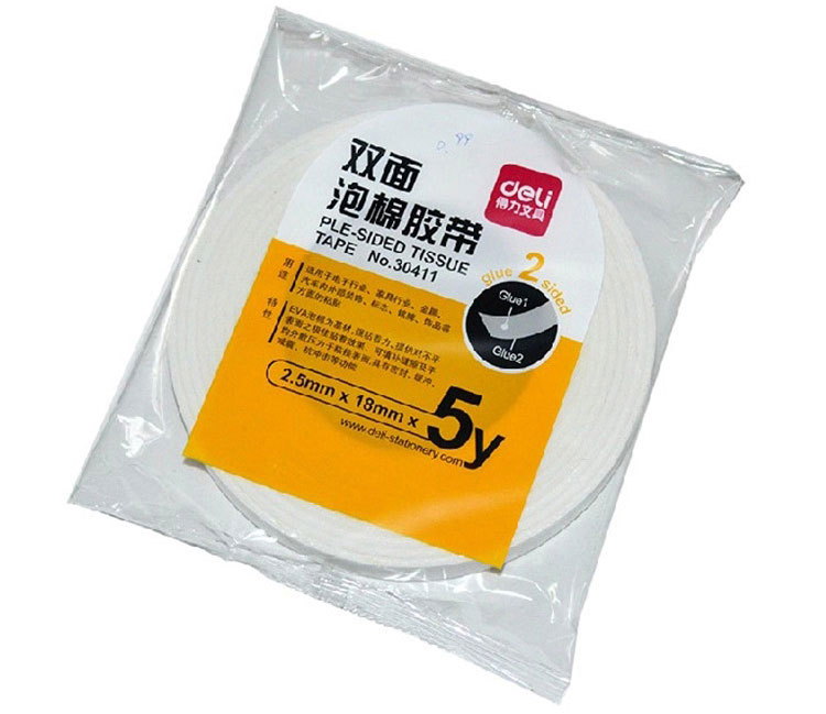 得力(Deli) 30411 棉纸双面胶带 18mm*5y 白色 单袋装