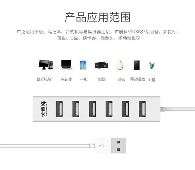 大黄蜂7口HUB线长0.8米(自带DC3.5直流供电接口,可外接电源,支持1T移动硬盘)