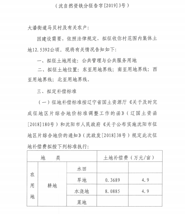 沈自然资铁分征告字[2019]3号