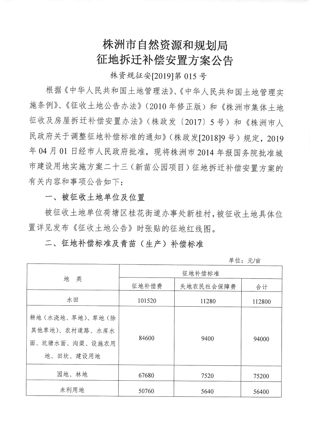 株洲市征地拆迁补偿安置方案公告--新苗公园项目