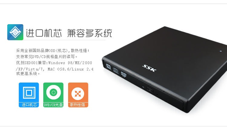 飚王（SSK）SED001 优刻外置移动光驱盒 USB2.0接口/SATA光驱接口