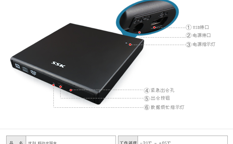 飚王（SSK）SED001 优刻外置移动光驱盒 USB2.0接口/SATA光驱接口
