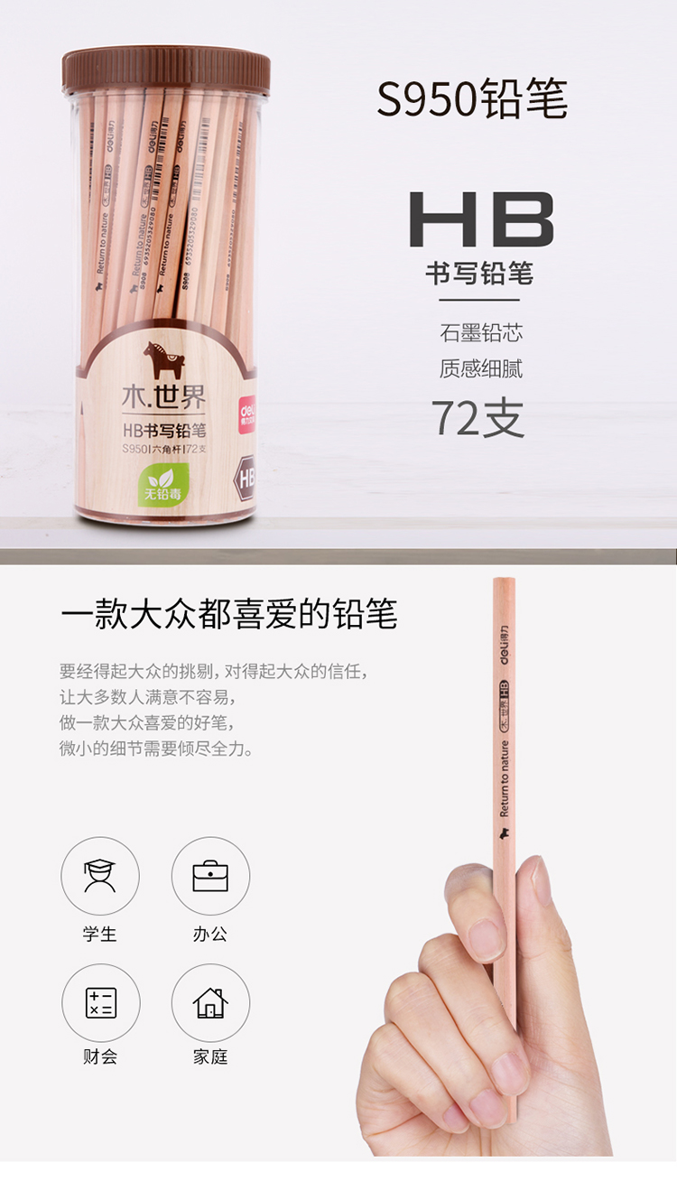 得力(deli)木世界系列原木HB铅笔 素描绘图学生铅笔 72支/桶S950