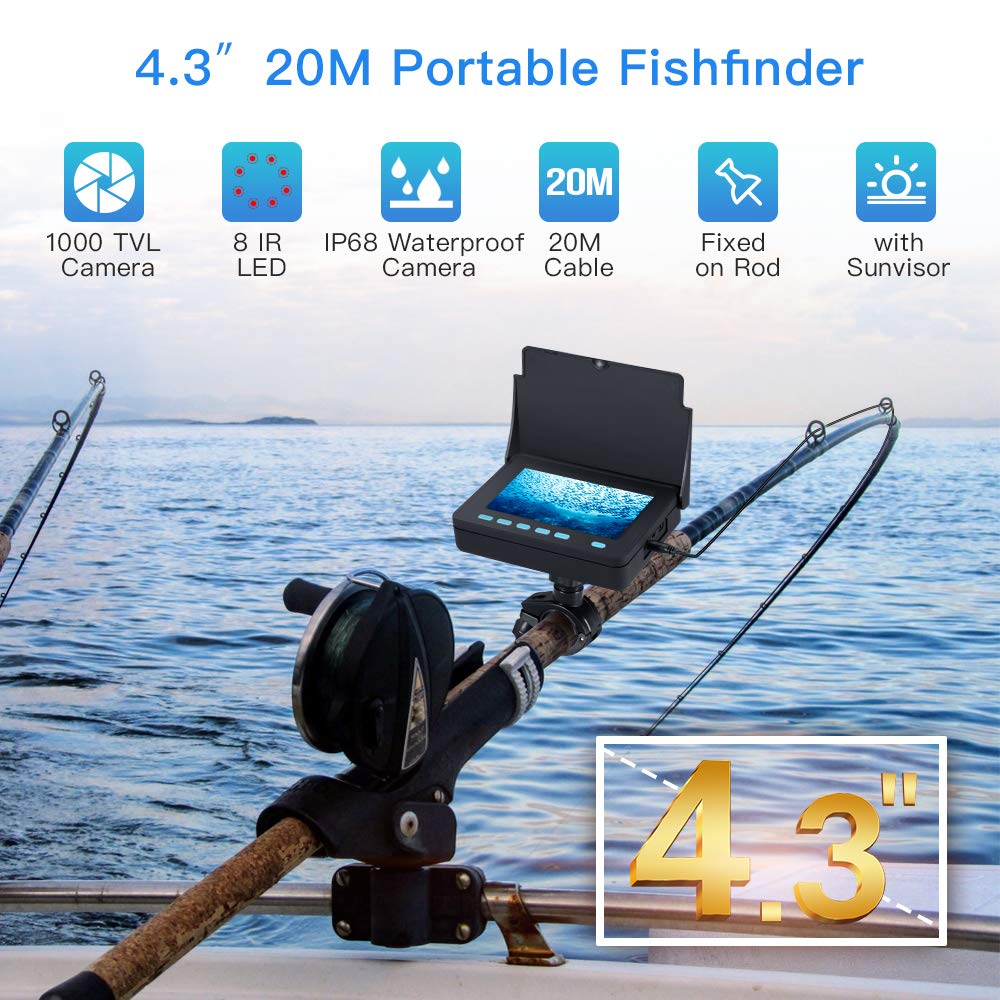 Eyoyo 4.3 20M Underwater Video Fish Finder, Portable Underwater Fishing  Camera Fixed on Rod with 1000 TVL IP68 Waterproof 8 Infrared LED Camera for  Ice Lake Sea Boat Kayak Fishing,Other