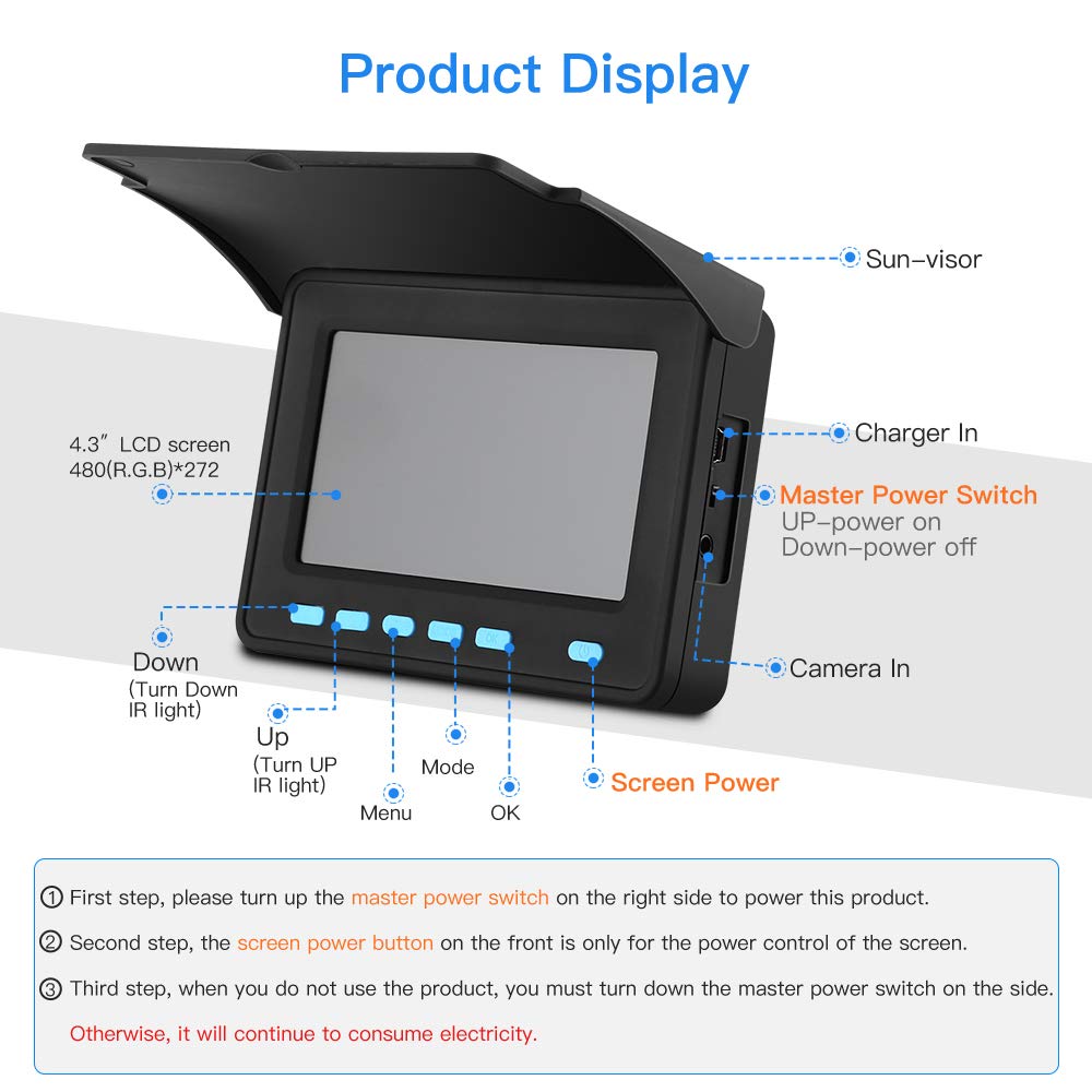 Pyle 4.3'' Portable LCD Monitor Underwater Fishing Camera, 1000TVL