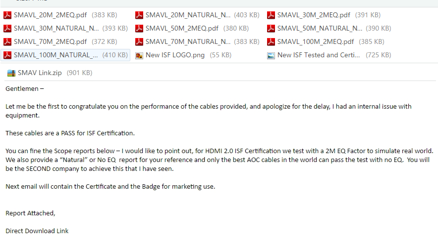 SmartAVLink announces that HDMI 2.0 AOC cables got ISF certificate