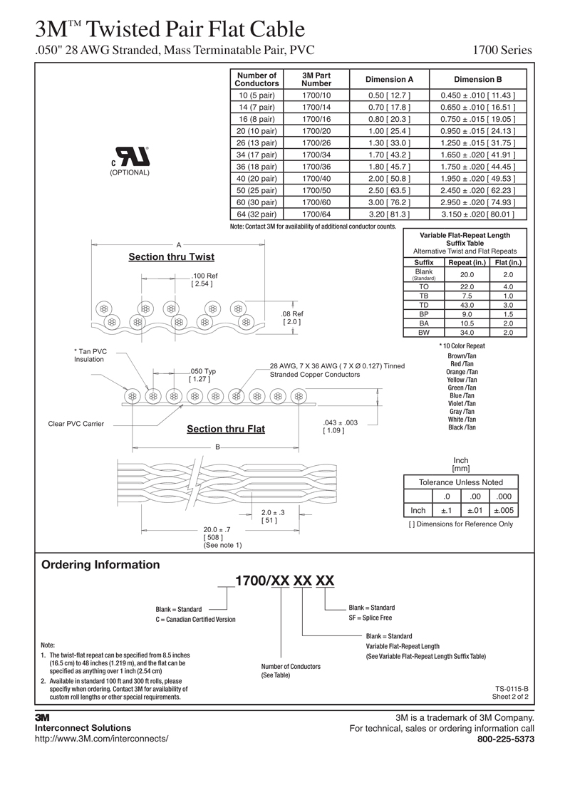 3M™双绞线1700系列扁平电缆，.050“28AWG