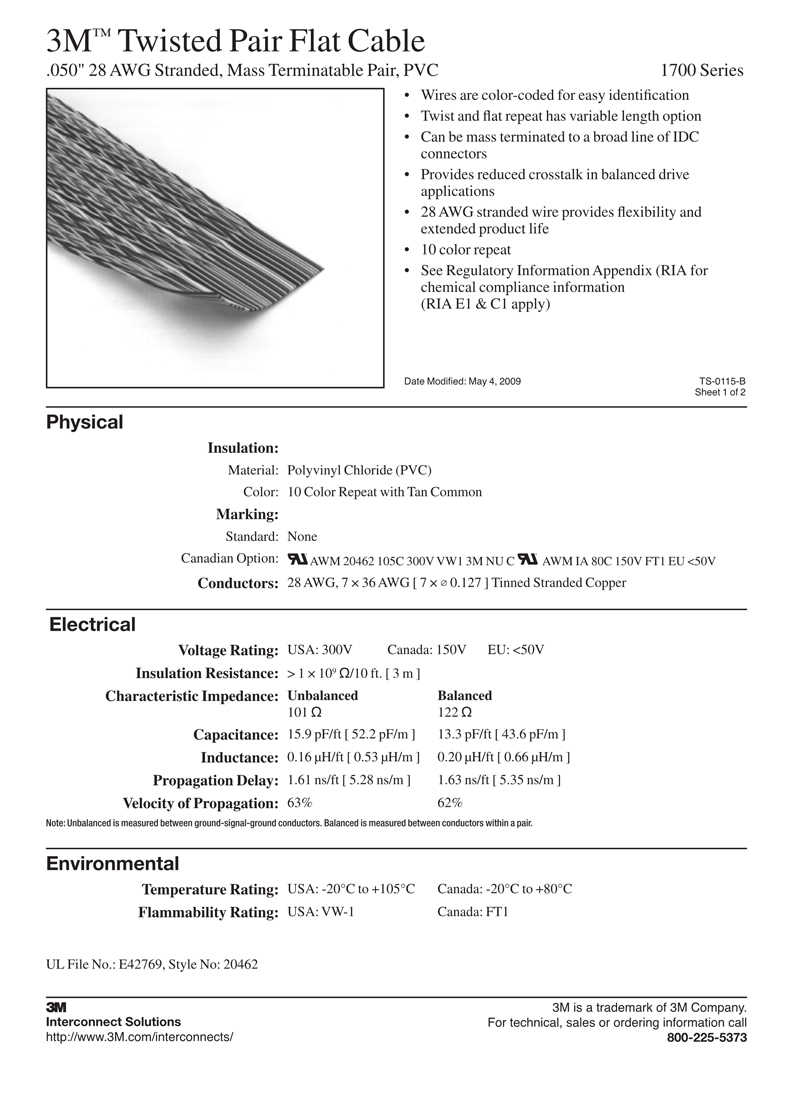 3M™双绞线1700系列扁平电缆，.050“28AWG