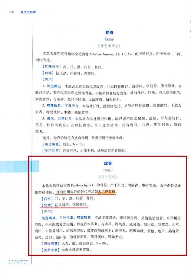 人工虎骨粉入编中医骨伤科学专业院校规划教材《骨伤方药学》