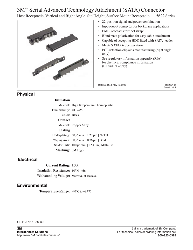 3M™串行高级技术附件（SATA）连接器，5622系列