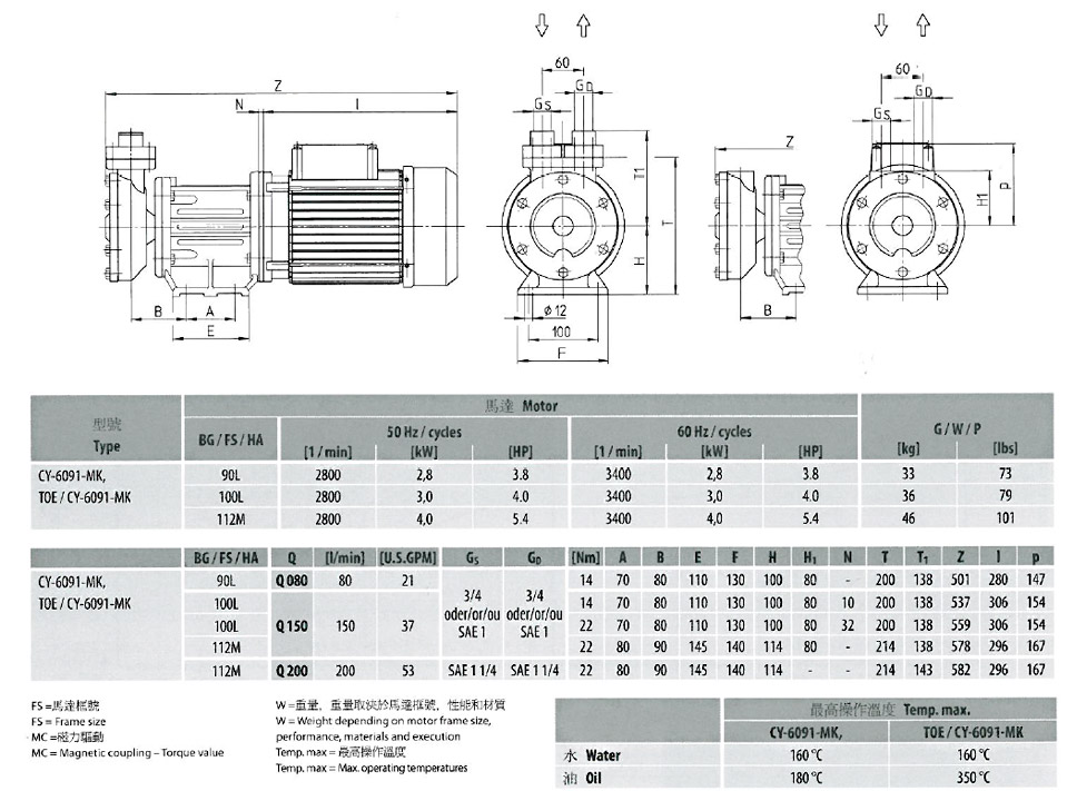 CY-6091-MK高溫油泵/高溫水泵，性能參數表，外型尺寸圖片