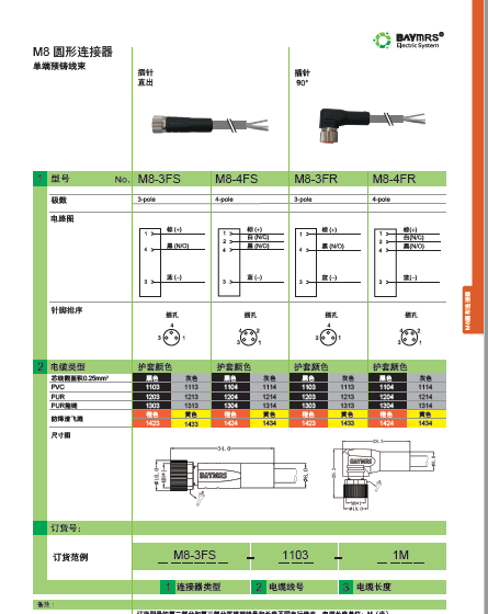 M8 圓形連接器 單端預鑄線束 插孔直出 插孔90°