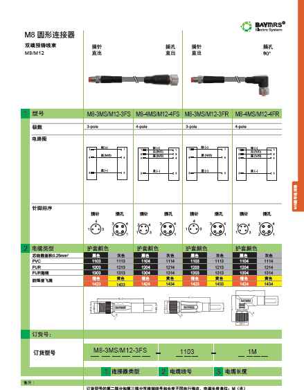 M8 圓形連接器 雙端預鑄線束-M8-M12 插針直出 插孔90° 插針直出 插孔90°，帶LED