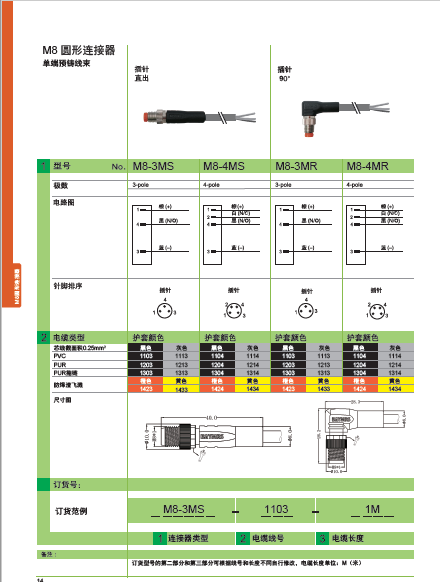 M8 圓形連接器 單端預鑄線束 插針直出 插針90°