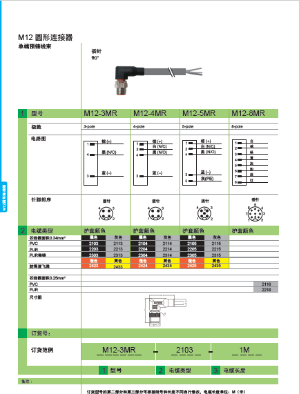 M12 圆形连接器 单端预铸线束 插针90°