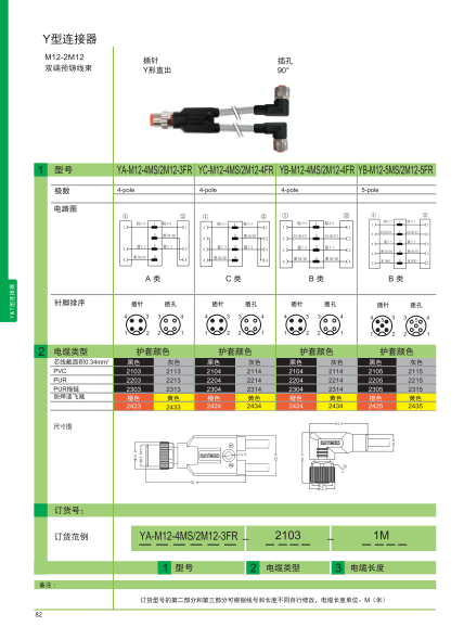 Y型連接器 M12-2M12 雙端預(yù)鑄線                          M12（插針）直出-2M12（插孔）90°