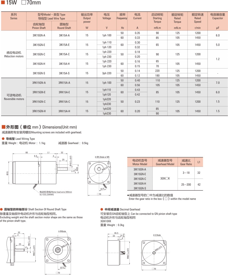 中大感應電機、可逆電機15W