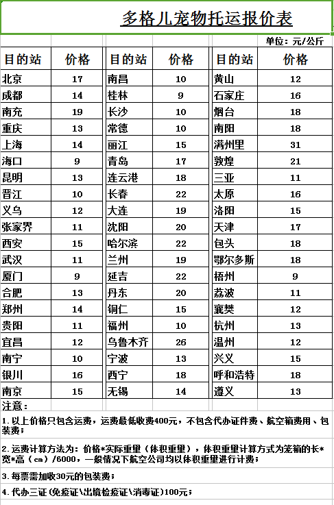 国内宠物托运价格