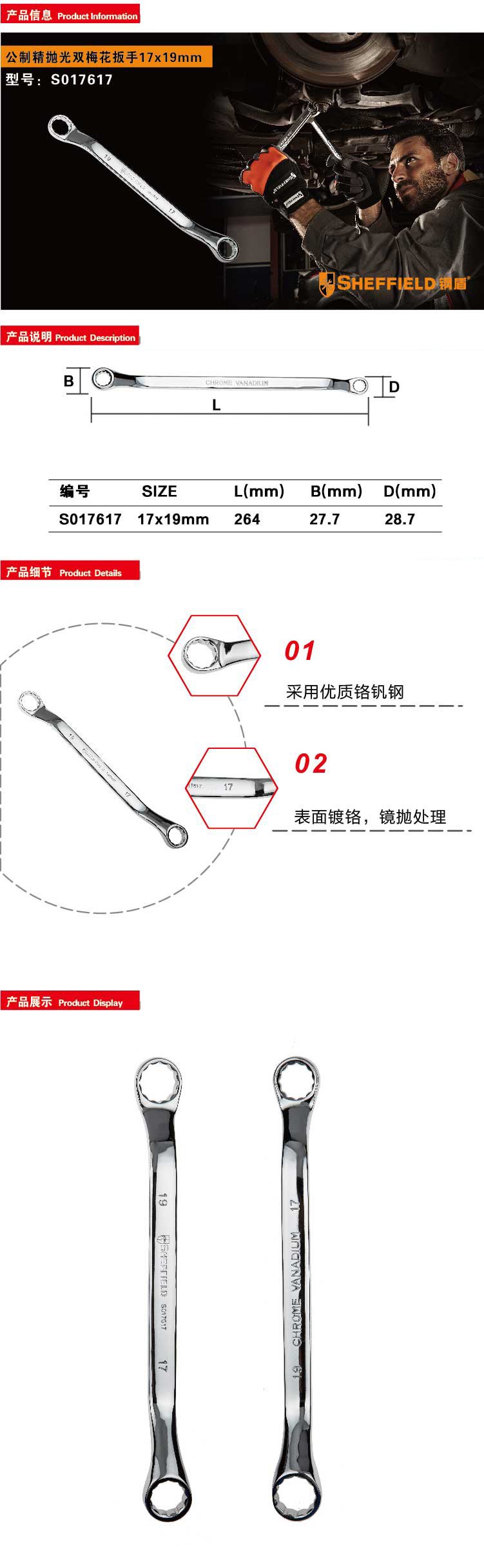 钢盾公制精抛光双梅花扳手17*19mm/1把