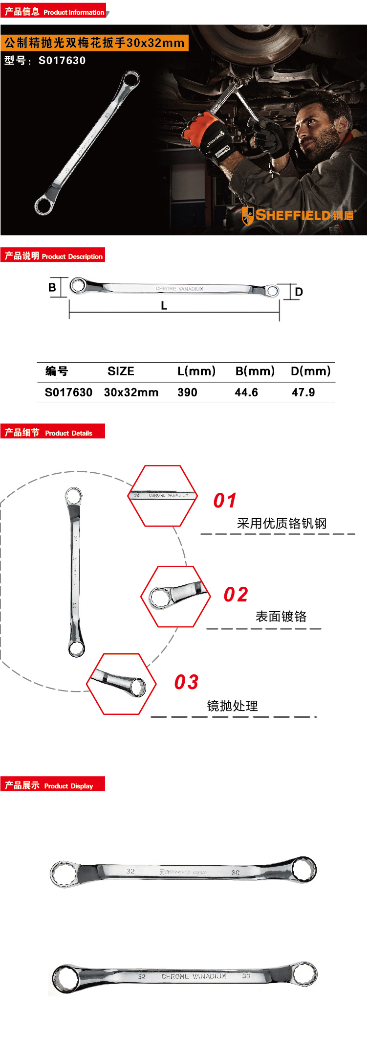 钢盾公制精抛光双梅花扳手30*32mm/1把