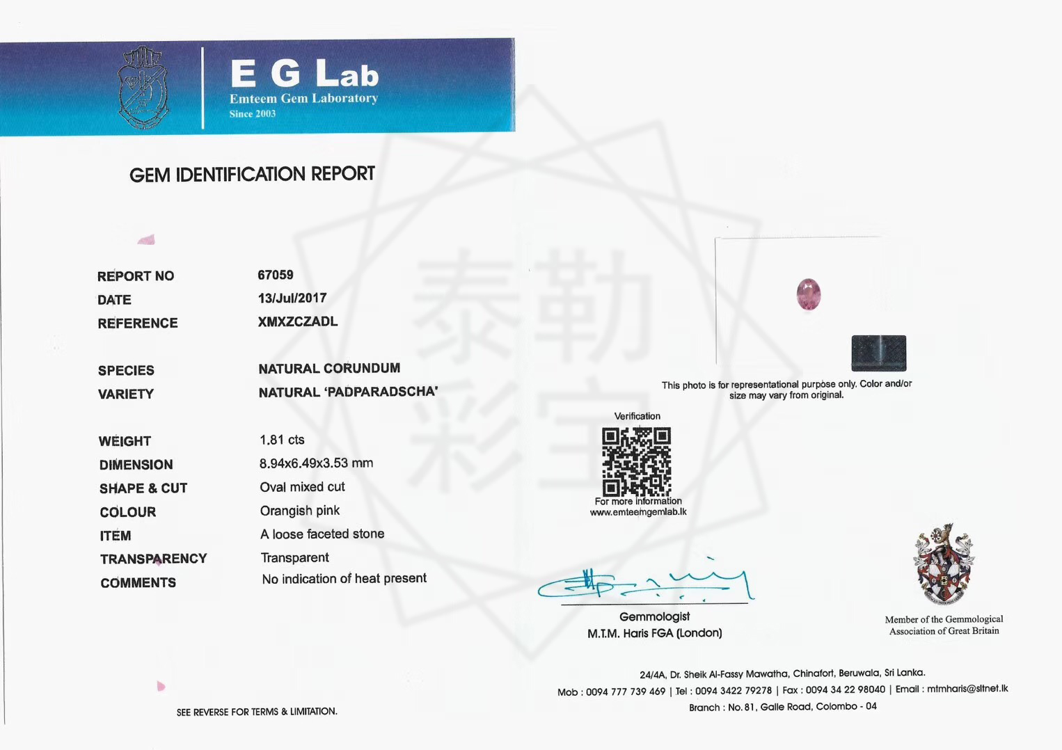 天然“无烧帕帕拉恰”蓝宝石L1168-1.81ct