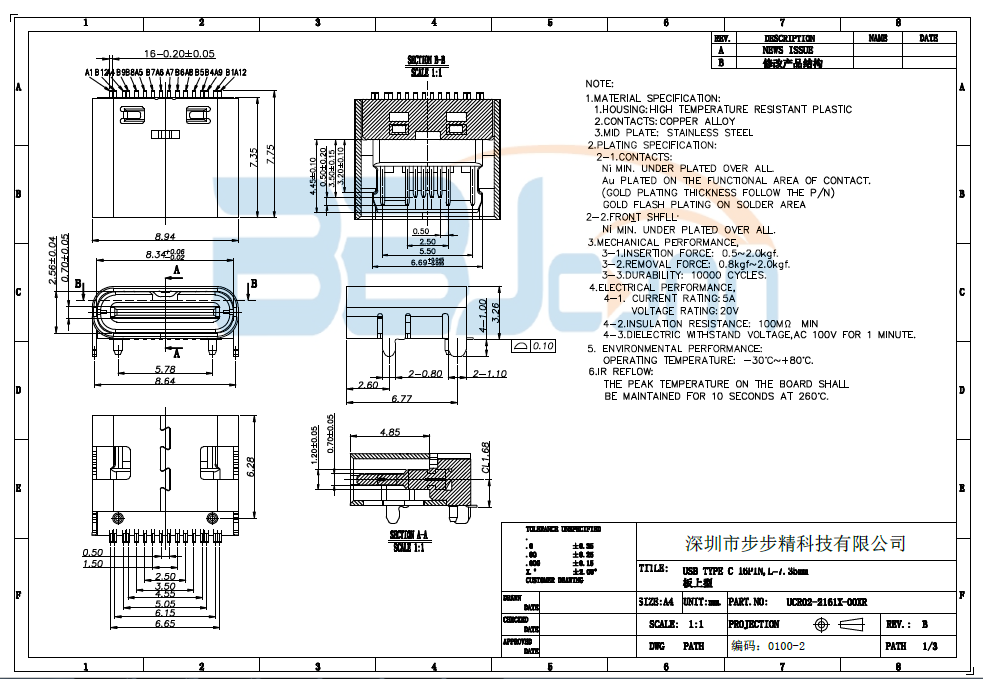 【TYPE-C母座 16PIN 板上型L7.35】生产厂家|定制厂商|批发采购价格-深圳市步步精科技有限公司